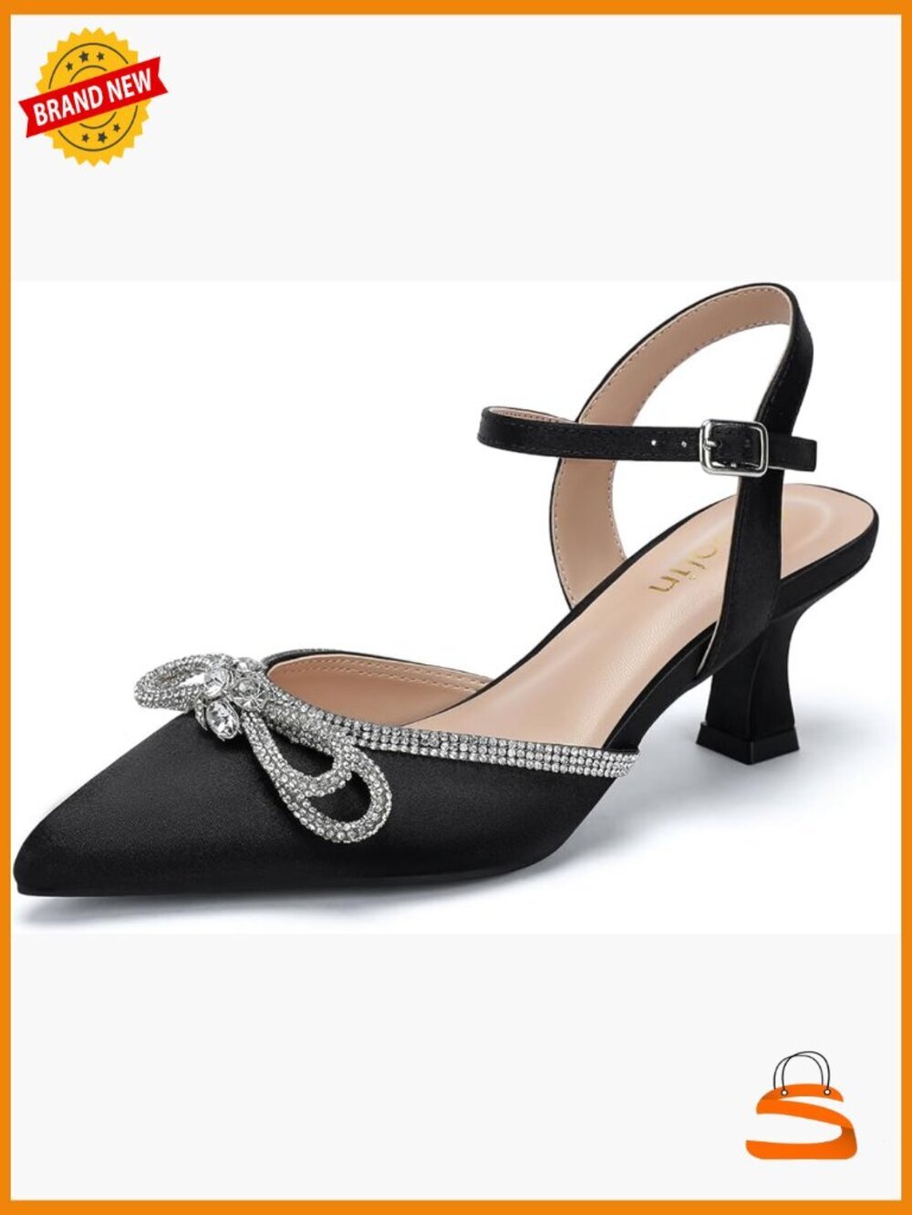Wide Width Kitten Heels Rhinestone Bow Pointed Closed Toe Pumps Ankle Strap